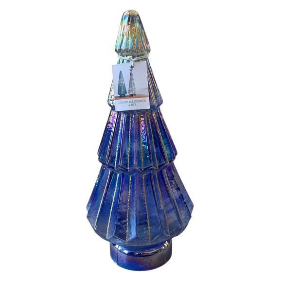 Illuminated Glass Christmas Tree 13.25in Blue & Gold Chic LED Holiday Decor New - Picture 5 of 15